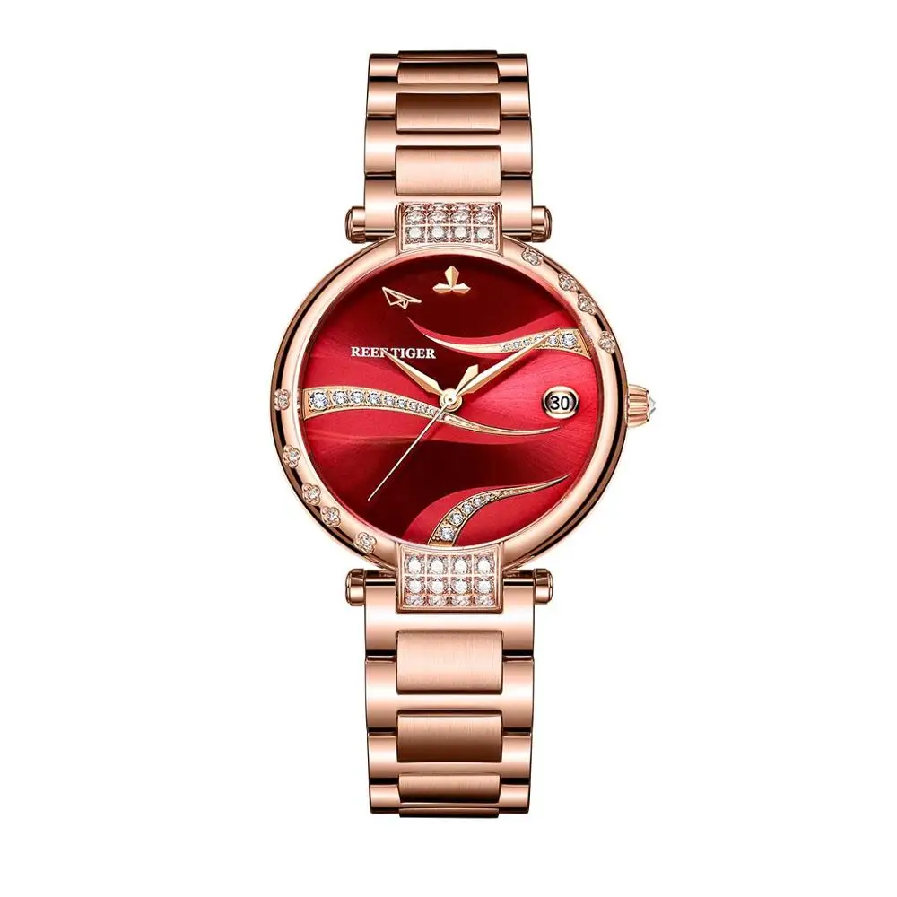 

Reef Tiger/ RT Red Dial Rose Gold Luxury Fashion Diamond Women Watches Stainless Steel Bracelet Automatic RGA1589