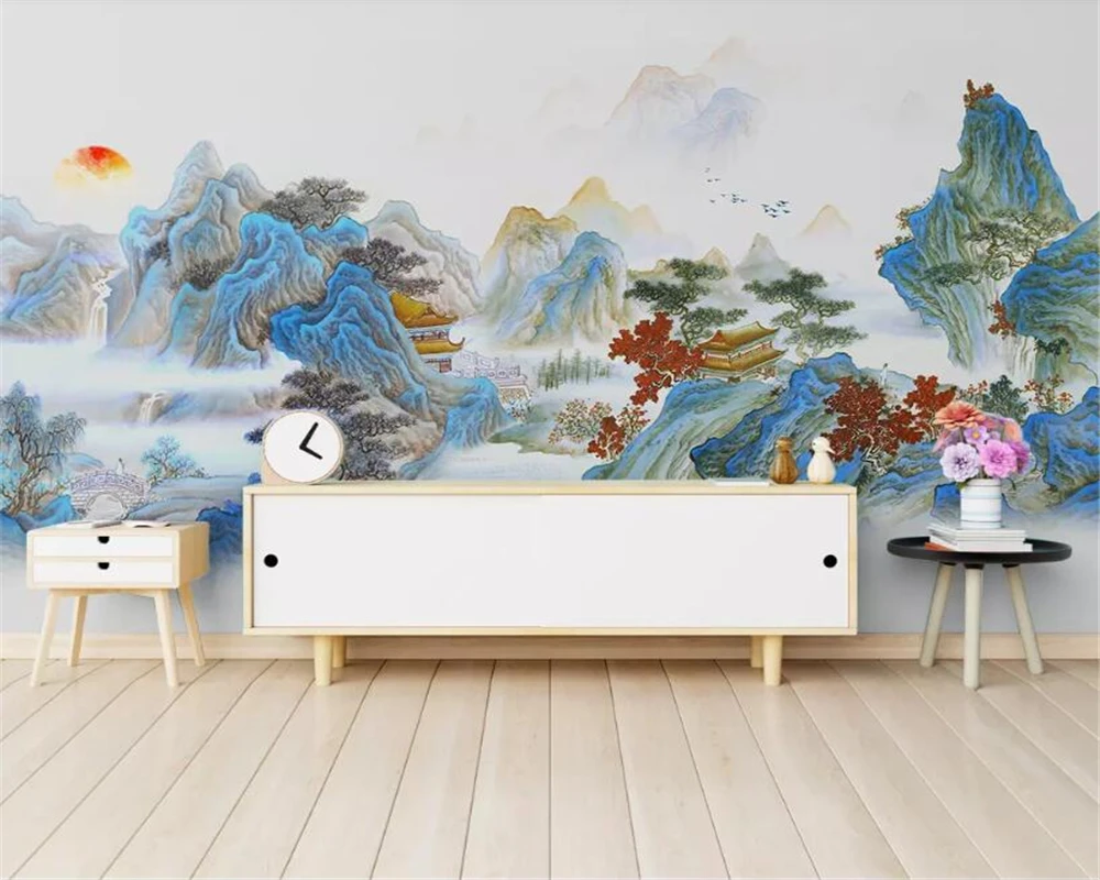 

Custom 3d wallpaper hand-painted artistic ink classical landscape welcoming pine background wall 3d wallpaper mural