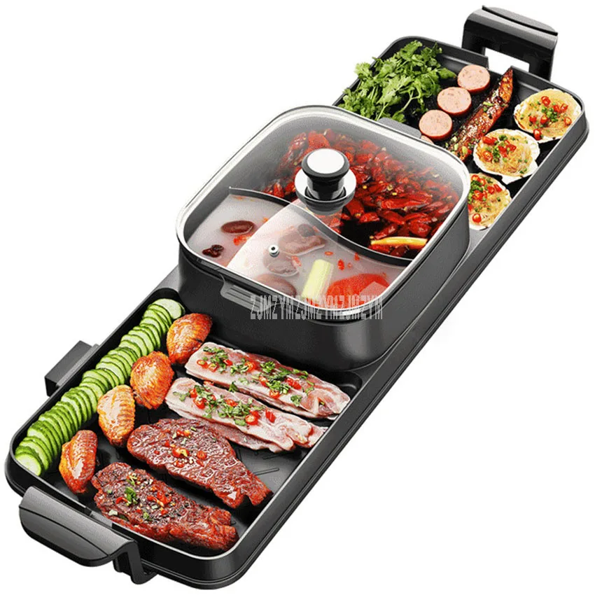 

89x26cm 2200W 2in1 Electric Multi Cooker Barbecue Pan Hot Pot Cooker Electric BBQ Griddle Non-Stick Stir-fry Hotpot Baking Plate