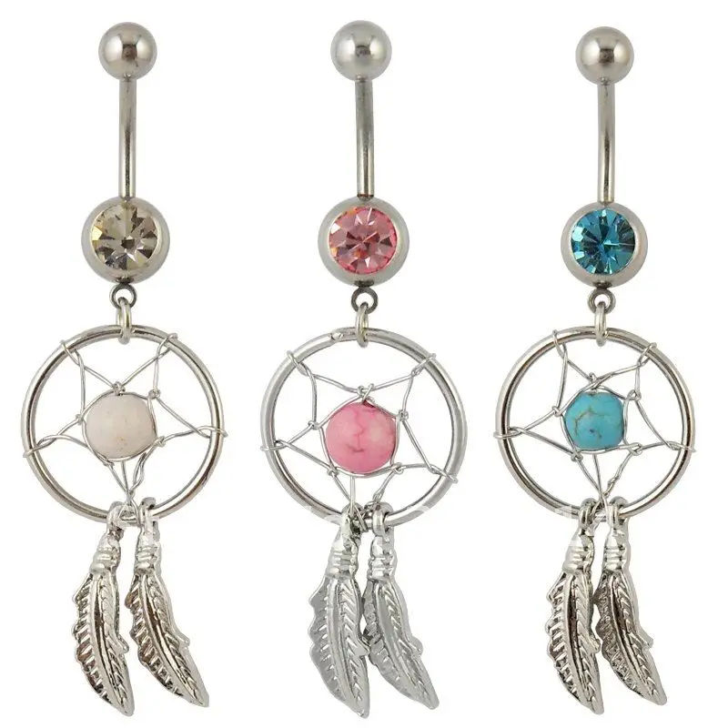 Mixed 3 colors 2016 Fashion Crystal Gem Dream Catcher Dangle Belly Ring Bory Art Body Jewelry 5pcs/LOT