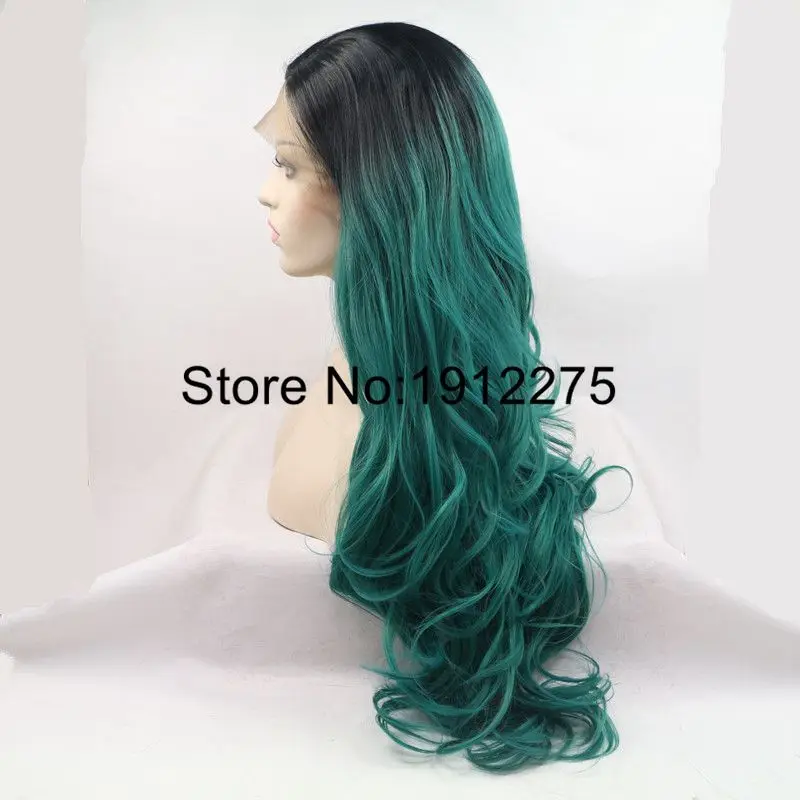 Sylvia Side Part Ombre Green dark root Body Wave Synthetic Lace Front Wig for women 2 tone Heat Resistant Hair Replacement Wig