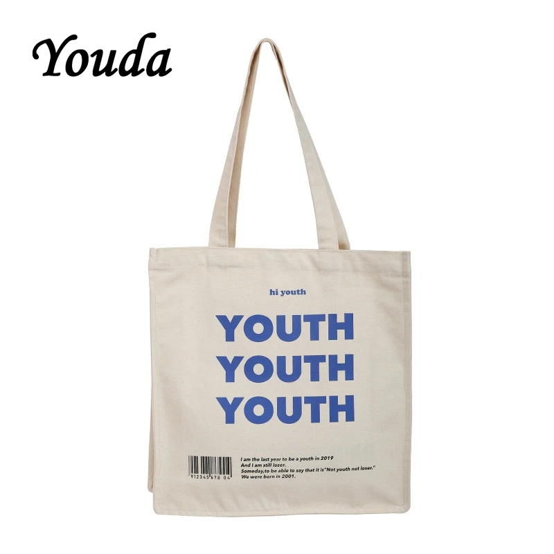 Youda Original Handbags Letter Print Women Bag Fashion Style Ladies Canvas Bags Solid Color Women Handbag Portable Shopping Tote