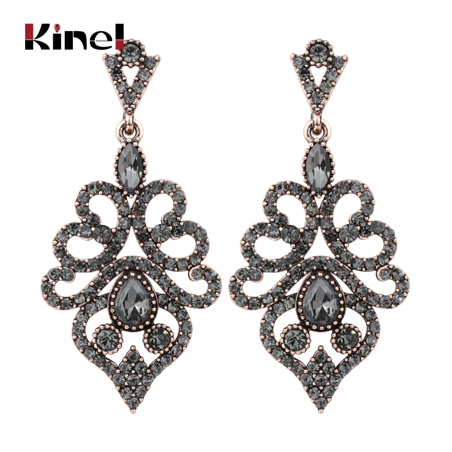 Kinel Boho Women Earrings Antique Gold Vintage Drop Earrings Gray Crystal Flower Ethnic Turkish Jewelry