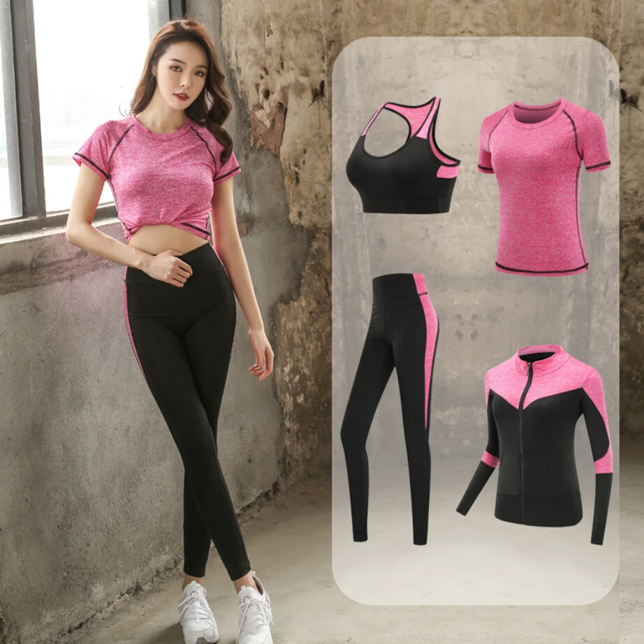 Quick dry women sportswear yoga set fitness gym yoga clothing suit sets coat+bra+t shirt+leggings 2019 workout running training