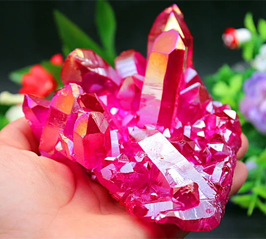 

Beautiful Red Aura Quartz Crystal Titanium Bismuth Silicon Cluster Rainbows Natural Stones and Minerals