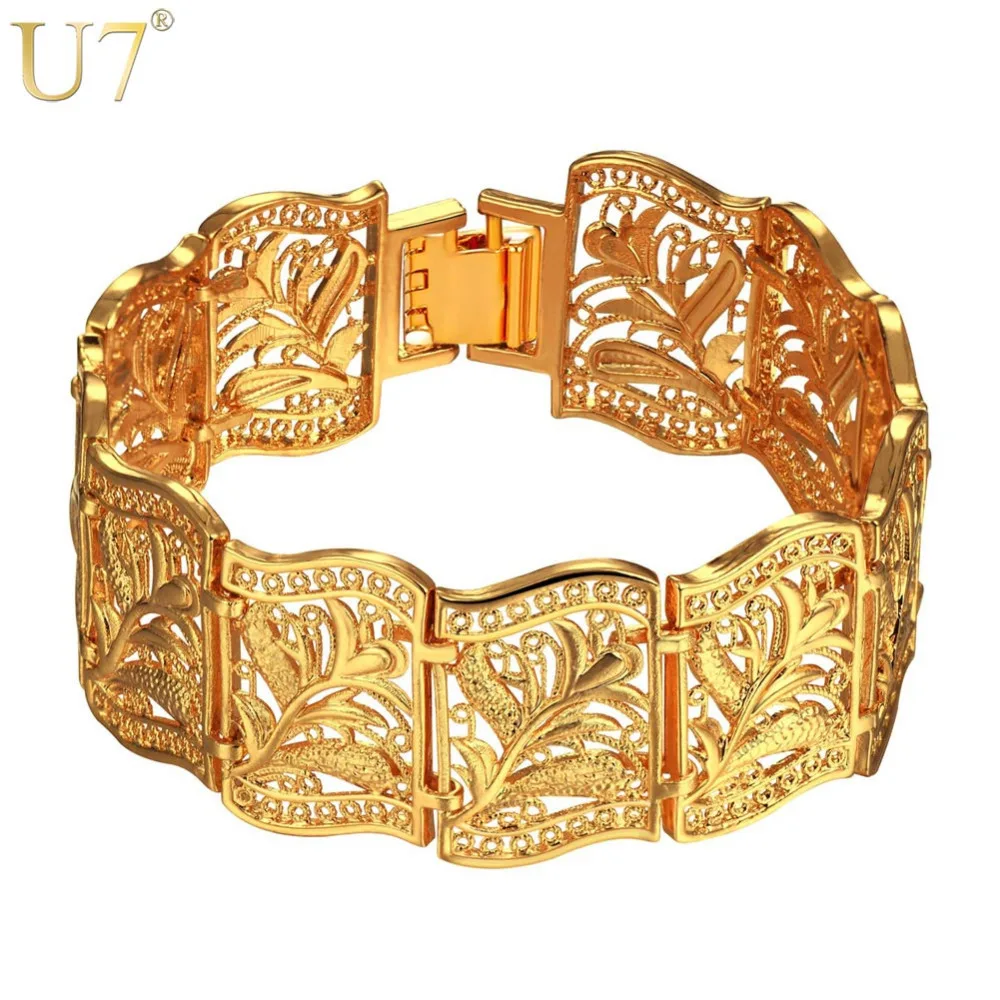 U7 Flat Wide Bohemian Leaf Pattern Bracelet Bangle Retro Vintage Style Jewelry QC24