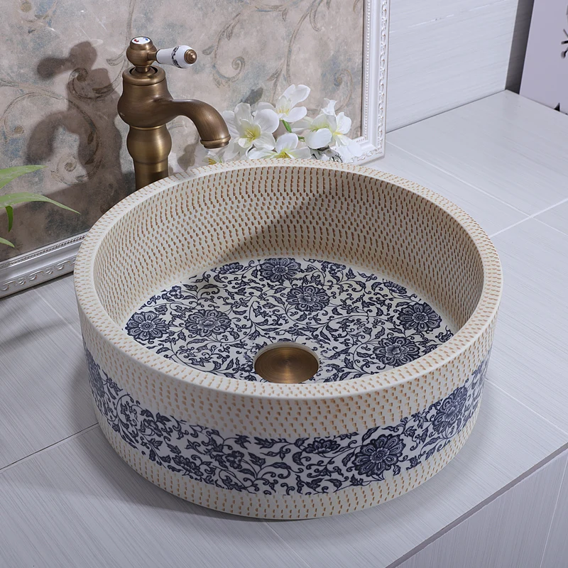 

China Artistic Handmade Ceramic wash basin Round Counter top wash hand basin porcelain bathroom sinks