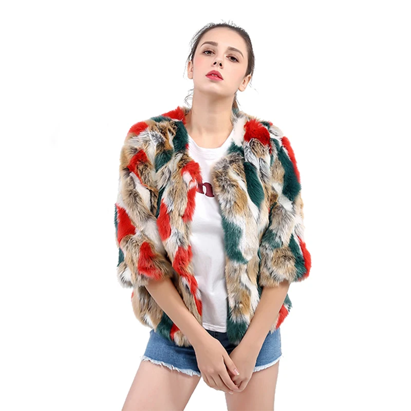 Women's Winter Faux Fur Jacket Coat Slim Colorful Short O Neck Five Quarter Sleeve Female Faux fox Fur Coat Warm Soft Fur Coat