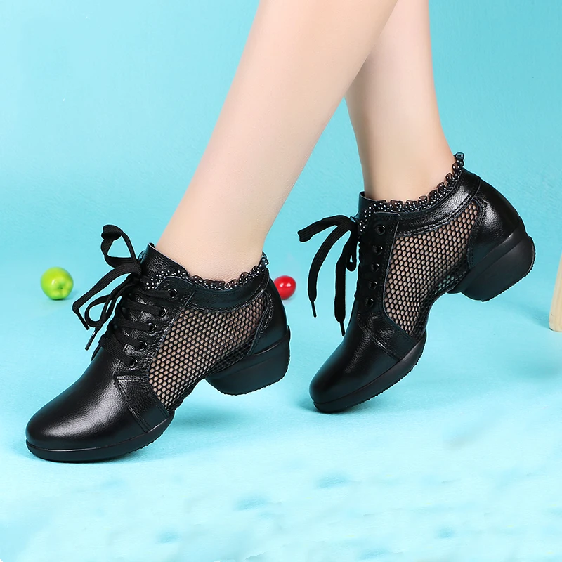 

Sneakers Modern Dance Shoes Woman Female Adults Soft Bottom Shoes Leather Mesh Breathable Sailor Summer New Square Dance Shoes