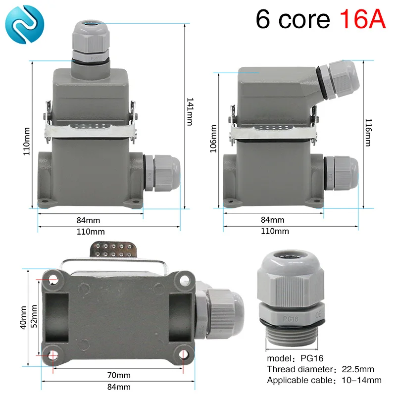 Heavy Duty Connector HDC-HE-06 6 Core  Pins High Base waterproof Sand Proof Aviation Industry Plug Socket 500V 16A