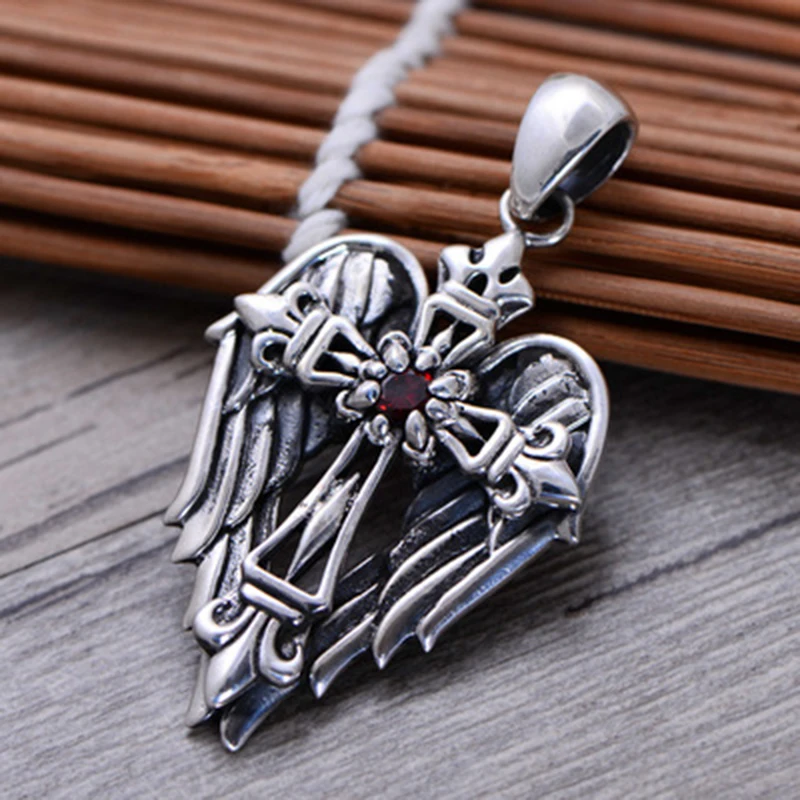 MAYONES Real 925 Sterling Silver Vintage Cross Pendant With Angel Wings Male Christian Jewelry Inlaid Natural Garnet Stone