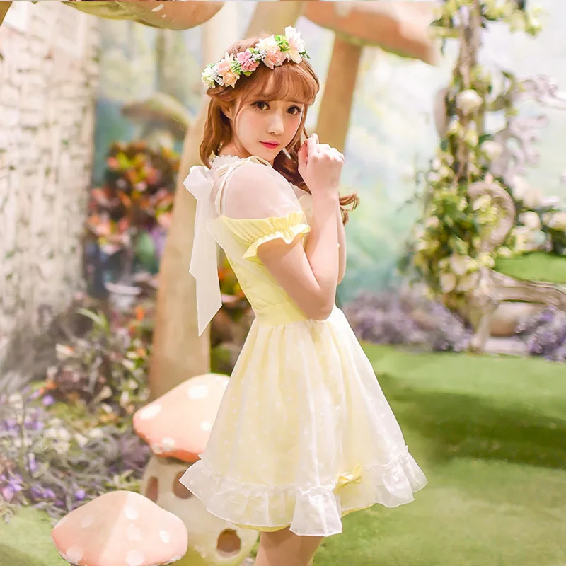 Princess sweet lolita dress Candy rain exclusive design  summer new women's sweet fresh bow Polka Dot Chiffon Dress C16AB6053.