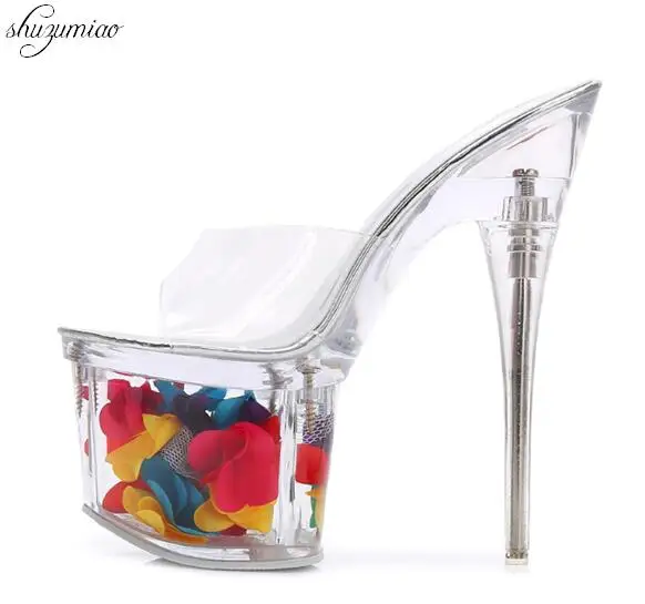 Women Slippers Summer 2020 Sexy Crystal Slipper Thin Heels  17cm Transparent Sandals Cool Slippers Size 34-43 Female\'s Wedding