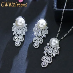 CWWZircons 2022 Fashion Brand Long Feather Dangle CZ Crystal Silver Plated Pearl Necklace Earrings Jewelry Sets for Women T164