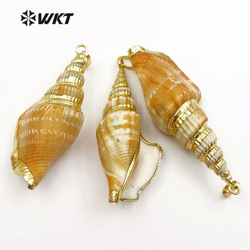 WT-JP008 Wild Coast Sea Shell Jewelry Natural Trumpet Shell With Gold Trim Pendant For Women Fashion Jewelry