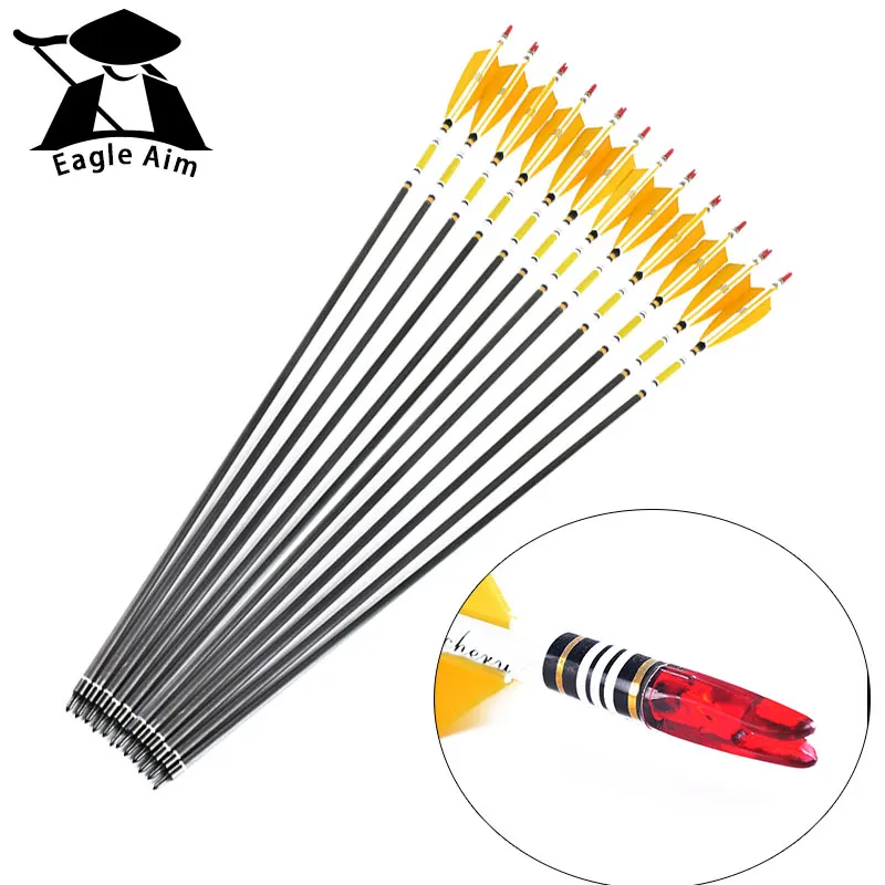 

Hot 12pcs 80cm Hunting Mix Carbon Arrows Arrow shaft with sticker 5’ Turkey Feather OD7.6mm ID6.2mm spine 500 Crossbow Arrows