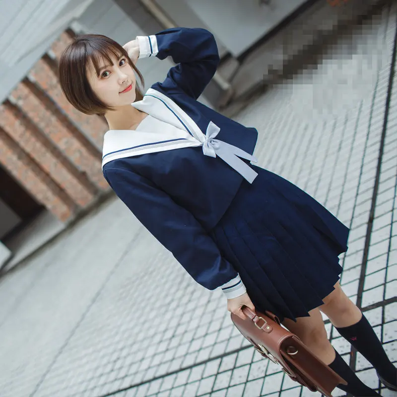 Japanese School Uniform For Girls Sailor Tops+Tie+Skirt Navy Style Students Clothes For Girl Plus size Lala Cheerleader clothing