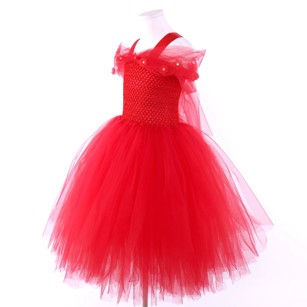 POSH DREAM Dress+Crown+Gloves Red Flower Girls Wedding Party Dresses Kids Girls Tulle Tutu Dresses For Birthday Halloween