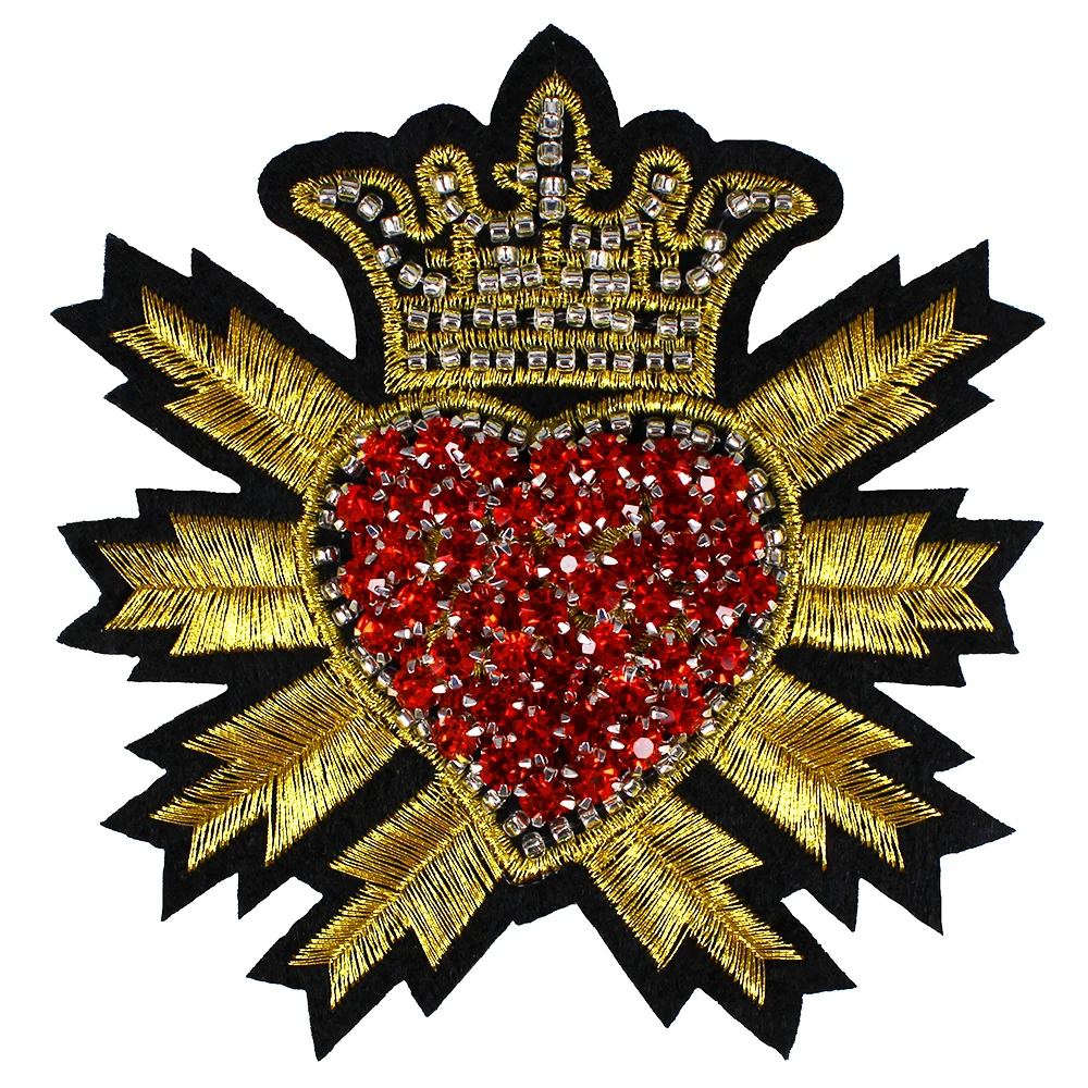 

10piece Beaded Crystal Red Diamond Heart Crown Patches Gold Badge Embroidery Applique Sew on Embossed Clothes Craft Sewing TH756