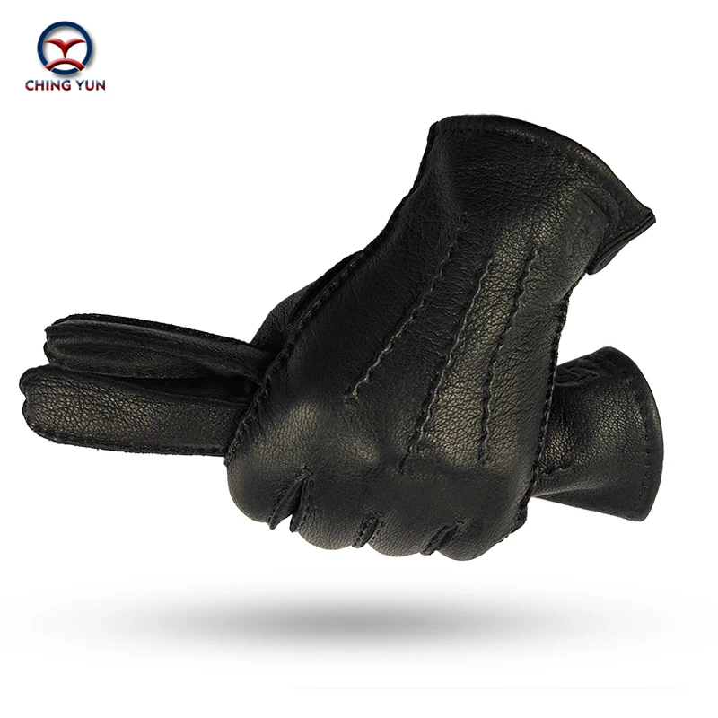 CHING YUN winter hand-stitched men's deerskin gloves deer skin men's warm soft men's black corrugated gloves 70% wool lining