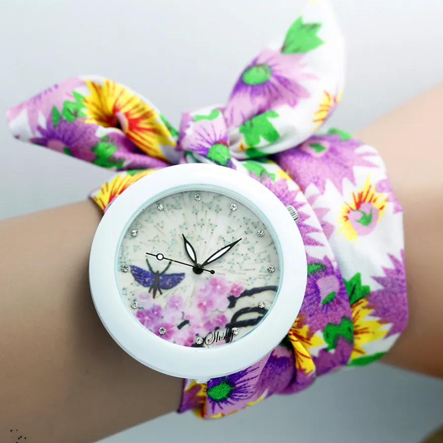 shsby new floral chiffon sweet girls watch Sweet chiffon fabric women dress watches fashion Ladies flower cloth wrist watch