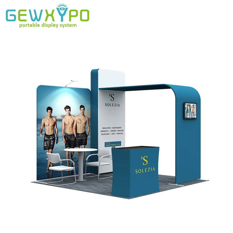 10ftX10ft Booth Size Portable Aluminum Tube Display Tension Fabric Backdrop Wall With Hard Case Podium And One LED Light