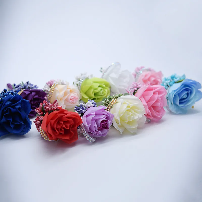 YO CHO Wedding Bouquet Artificial Rose Flowers Blue Brooch Corsages Glitter Rhinestone Ribbon Lace Classic Prom Boutonniere Pins