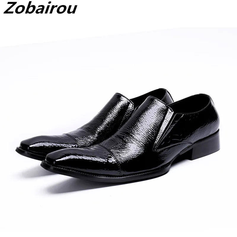 

Zobairou patent leather black shoes square toe formal oxford shoes for men slip on office italian shoes flats plus size loafer