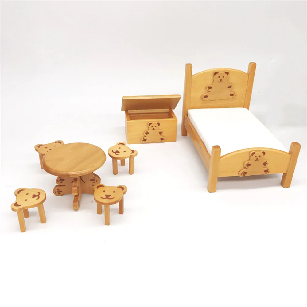 1/12 Dollhouse Miniature Accessories Mini Wooden Bed Table Stool Toy Box Set Simulation Furniture Toys for Doll House Decoration