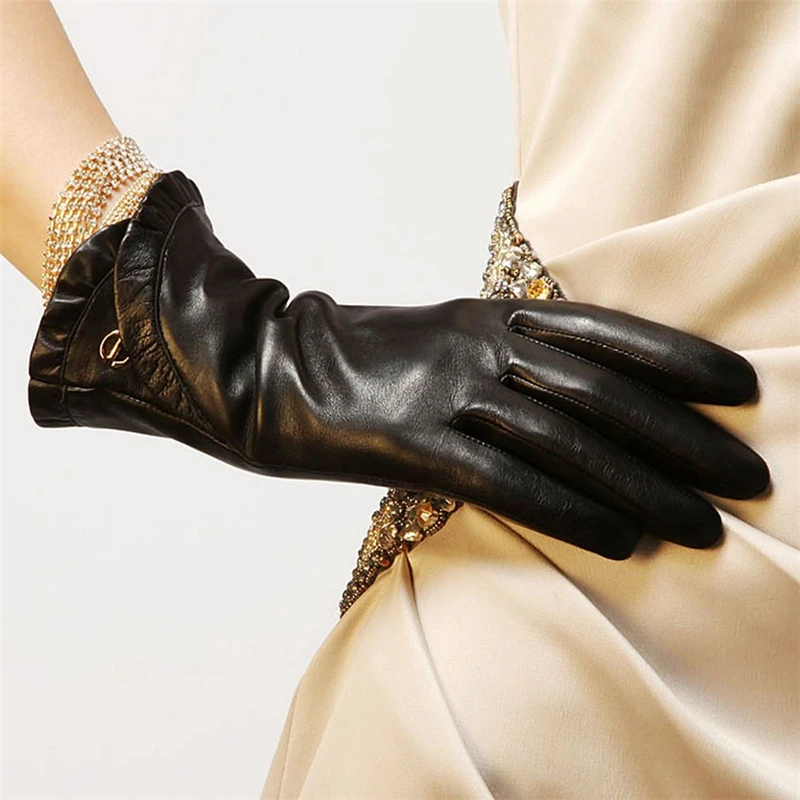 Autumn Fashion Women Sheepskin Gloves  Winter Plus Warm Velvet Wrist Lace Genuine Leather Elegant Lady Driving Glove EL007NC-5