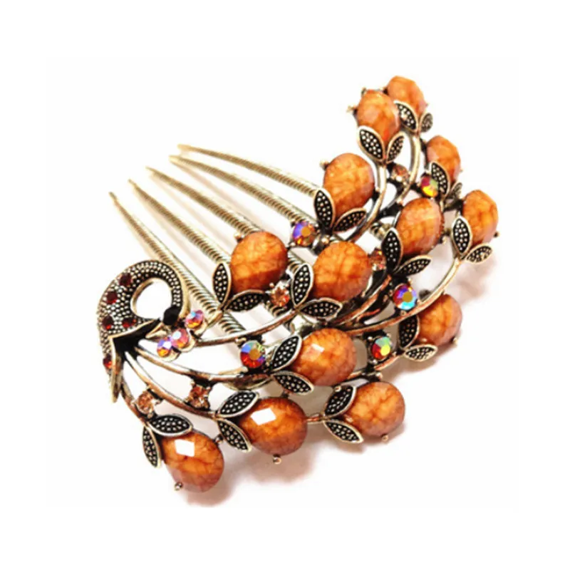Top Quality 5 Color Resin Crystal Beautiful Peacock Hair Combs Wedding Hair Jewelry Retro Gold Color Hairpin For Women Girl Gift