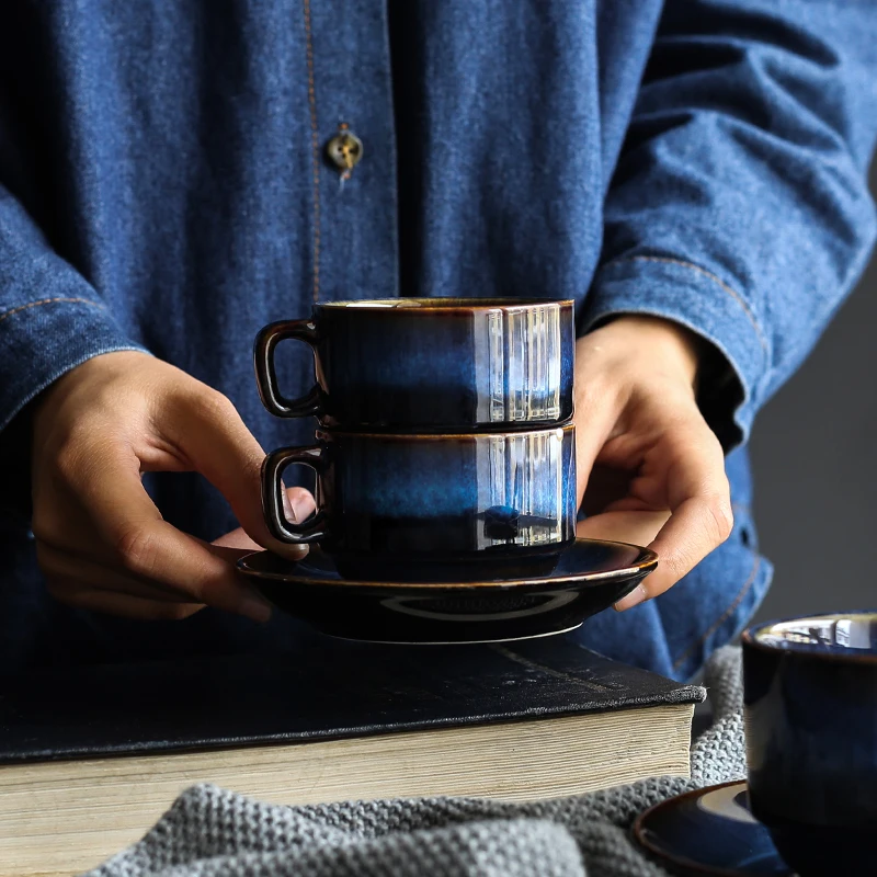 KINGLANG deep blue Ceramic Coffee Cup Saucer Set, breakfast cup, afternoon tea antique blue color Espresso coffee cup