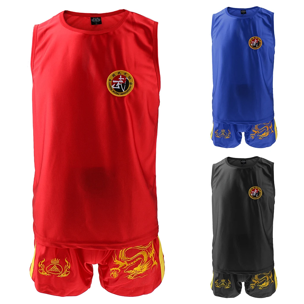 Boxing Martial Arts MMA Sanda Wushu Muay Thai Boxeo Taekwondo Clothes Dragon Embroidered Uniform Shorts Red XL Vest Set Kits