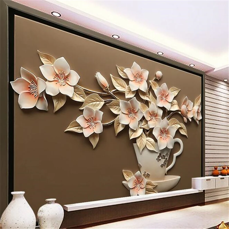 

beibehang Custom wallpapers wall stickers large - scale murals three - dimensional relief sculpture vases flowers background