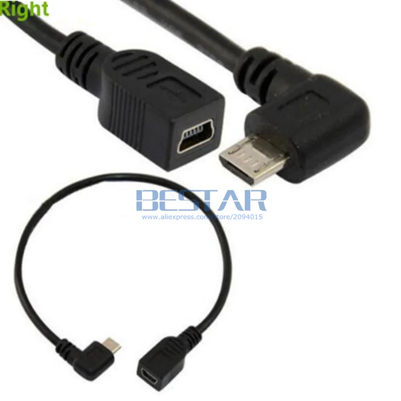 25CM USB 2.0 Micro Male Down & Up & Left & Right Angled to Mini USB 5pin Female OTG Data Extension Cable Cord 0.25m micro-USB