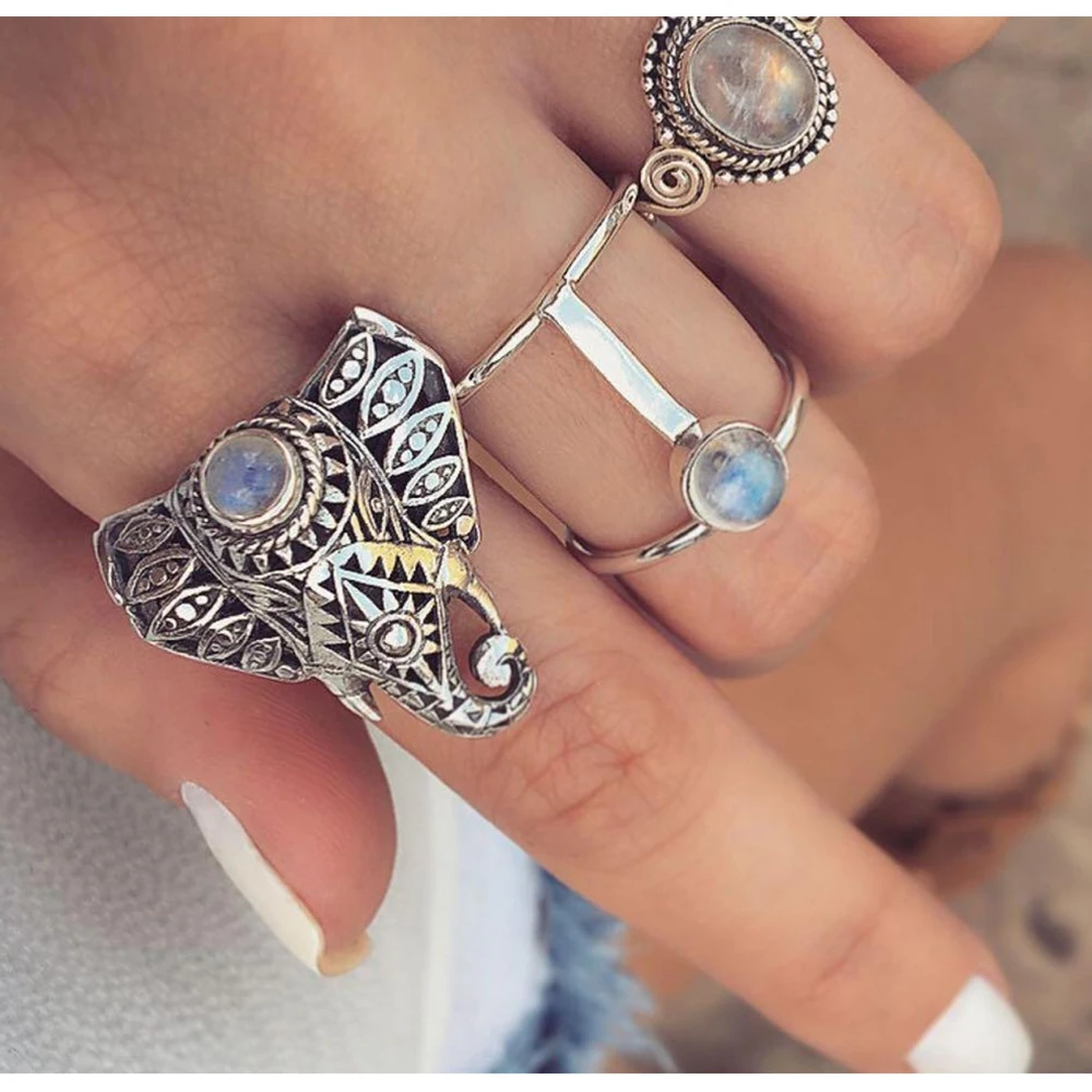 KISS WIFE 3Pcs/Set Fashion Vintage Silver Color Opals Elephant Ring Set For Women Bohemia Carving Rings New Trend Jewelry Gifts