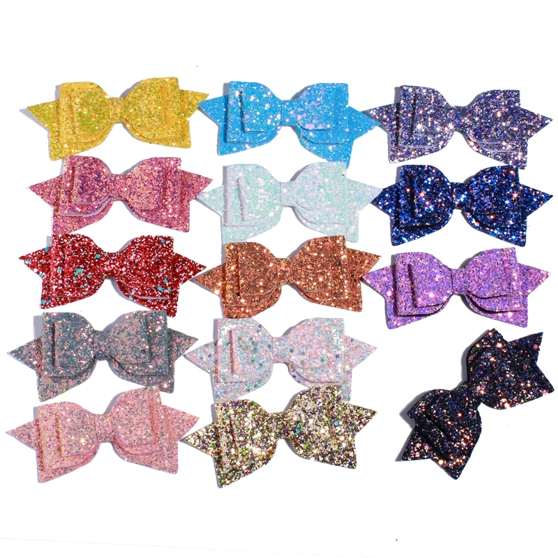 60PCS 13CM 5'' Boutique Glitter Synthetic Leather Bow Clip Messy Sequin Bow Knot Various Color Girl Headwear Hair Accessories