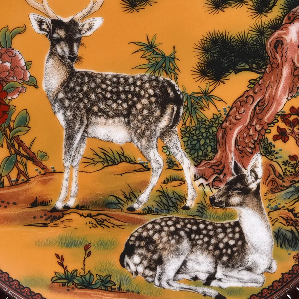 Art Ceramic Ornamental Plate Chinese Lucky Deer Plate Decoration Plate Wood Base Porcelain Plate Set Wedding Gift