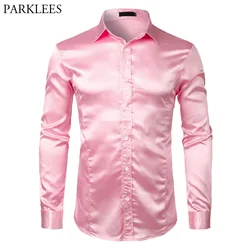 Pink Silk Satin Luxury Dress Shirt Men 2023 Brand New Slim Long Sleeve Tuxedo Shirt Male Wedding Club Party Dance Prom Camisas