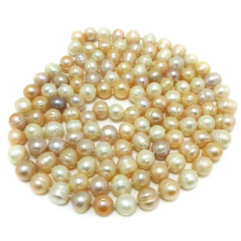 48 inches 9-10mm Natural Triple-color Potato Shaped Freshwater Pearl Long Chain Necklace