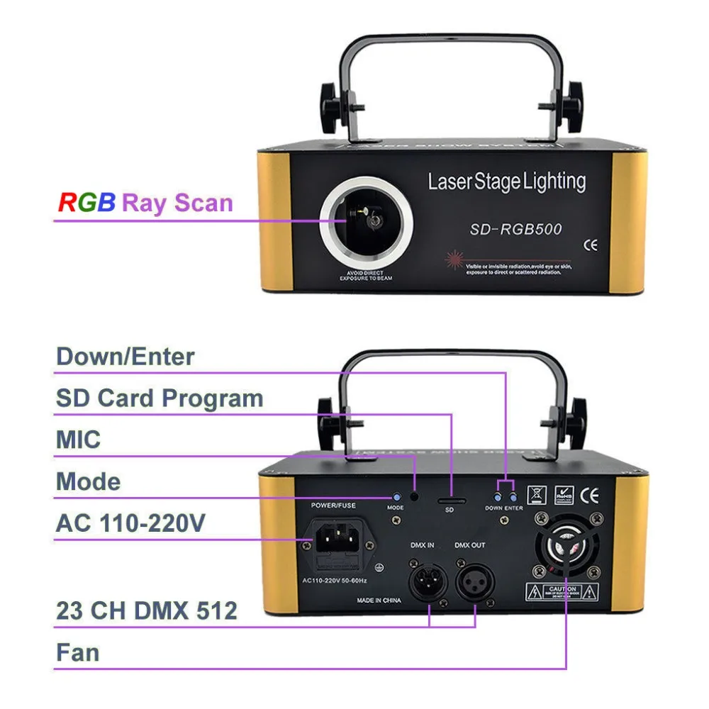 Chims 500mW RGB Laser Small SD Card Program DMX Animation Projector Stage Lighting PRO DJ Show Scanner Light SD-RGB500