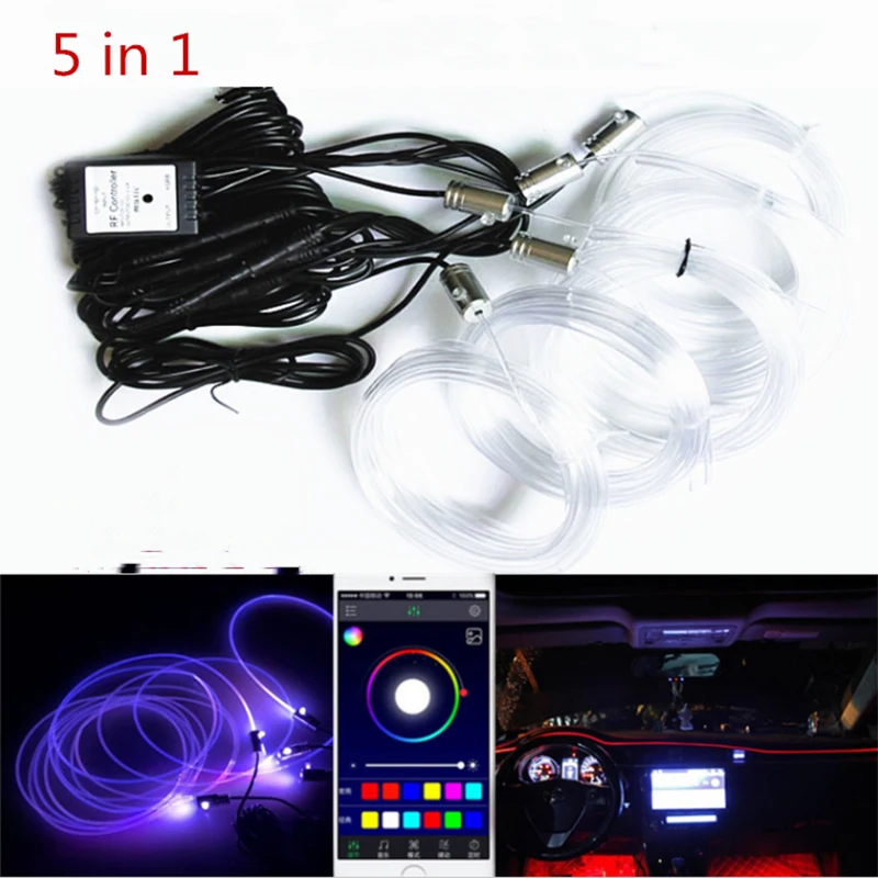 

5 in 1 6M Sound Active EL Neon Strip Light RGB LED Car Interior Light Multicolor Bluetooth Phone Control Atmosphere Light 12V