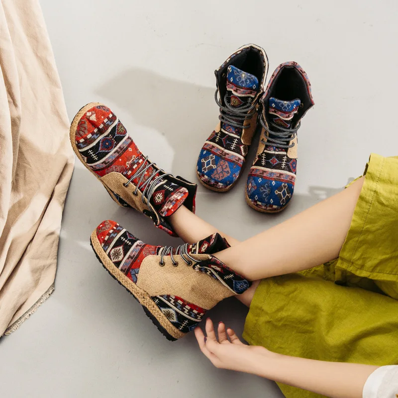 Veowalk Harajuku Embroidery Women Linen Cotton Short Ankle Boots Lace Up Comfort Ladies Flat Espadrilles Booties Vegan Shoes