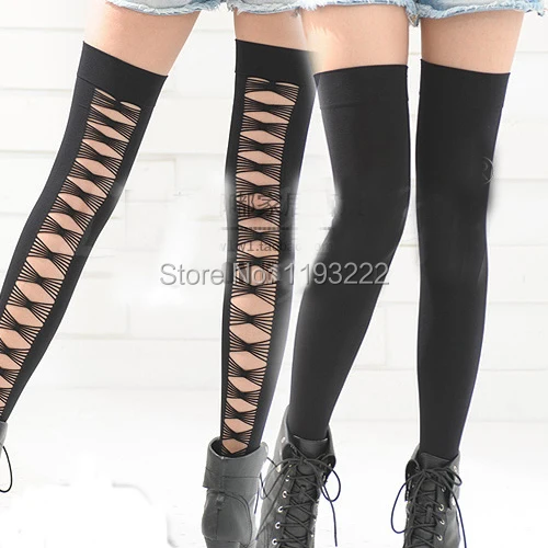 Black Women Punk Gothic Rock Criss Cross Cotton Opaque Hollow Out Thigh High Stockings Tights