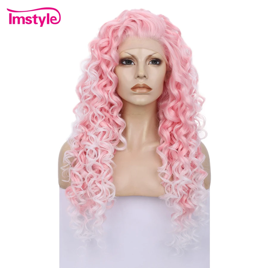 Imstyle Curly Pink Wigs Synthetic Lace Front Wigs For Women Two Tone Long Hair Heat Resistant Fiber Cosplay Wig