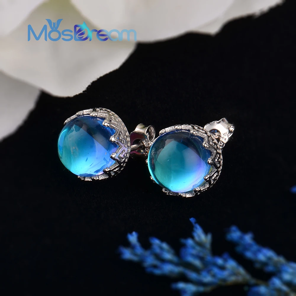 ITSMOS Blue Round Crystal Stud Earring 100% s925 silver Wave Lace Simple Elegant Earring for Women Gemstone Jewelry Gift