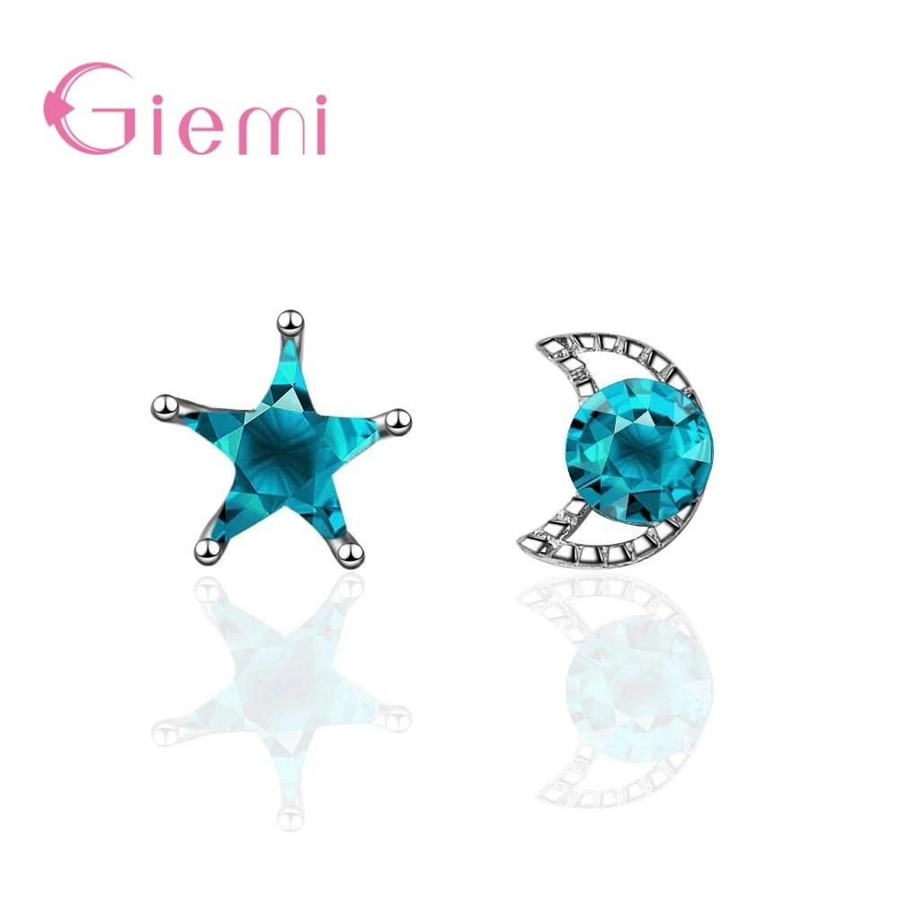 Factory Price Lovely Star Moon Decoration Women Girls 925 Sterling Silver  Stud Earrings With Clear Bule Cubic Zircon