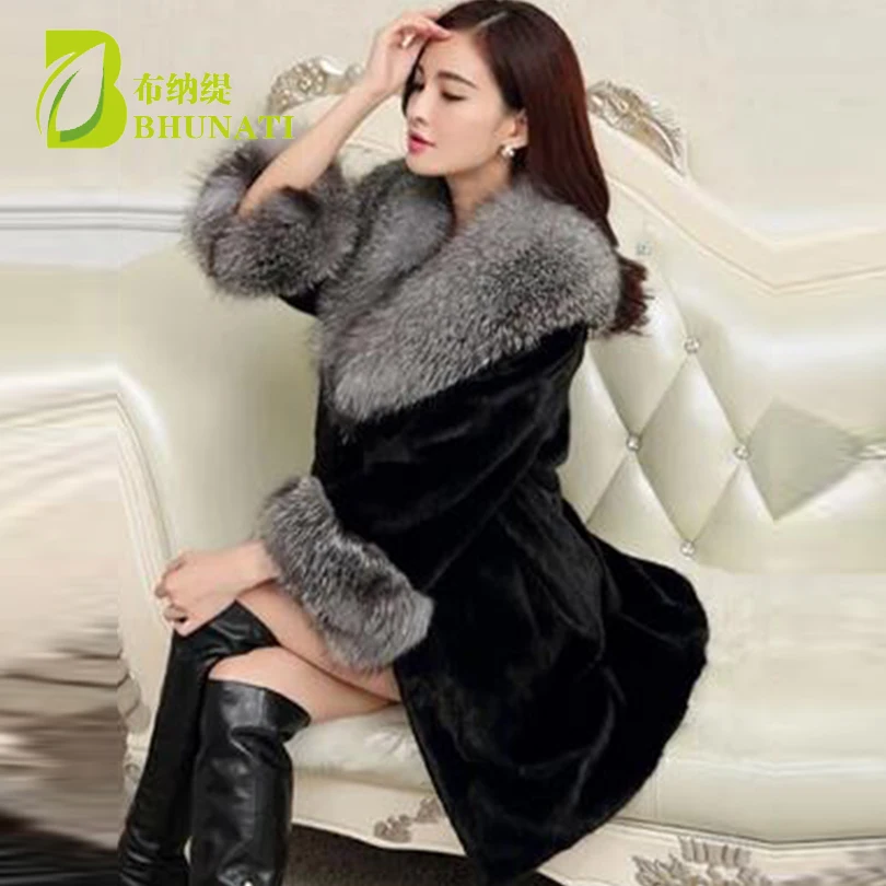 BHUNATI Winter Coat Female Thick Warm  Advanced Fashion Temperament Gray Faux Fox Fur Collar Black Long Sleeve Fur Coat Women