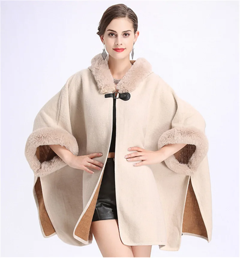 

SWONCO Woolen Coat Cape Women 2019 Fur Cape Coat Hooded Warm Faux Rabbit Fur Poncho And Capes For Women Winter Cloak Long Poncho