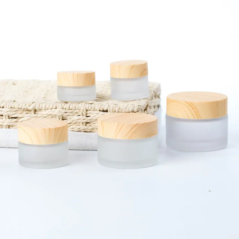 

5/10/15/30/50g Frost Glass Jar Cosmetic Cream Sub Bottle Glass Packaging Bottles with Wooden Cap F1100